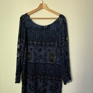 Hale Bob Blue Sheath Dress with Bishop Sleeves and Scoop Neck